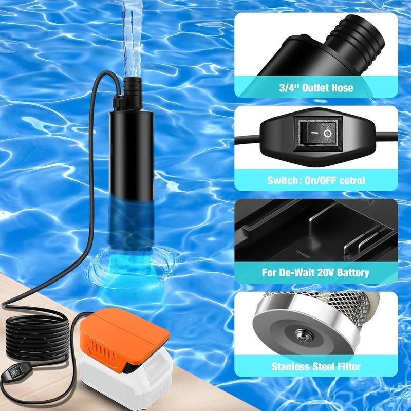 TEPULAS Mini Water Transfer Pump for Dewalt 20V 60V Battery, 635GPH Cordless Water Pump for Pool Draining, Pond, Garden, Fish Tank(Bare Tool) - Image 4